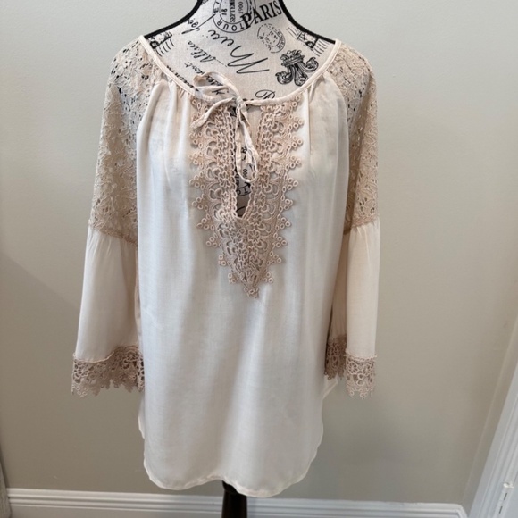 LE MARAIS Paris Cotton/Lace Trimmed Boho Blouse; Tan; Women's Size MED - Picture 1 of 6